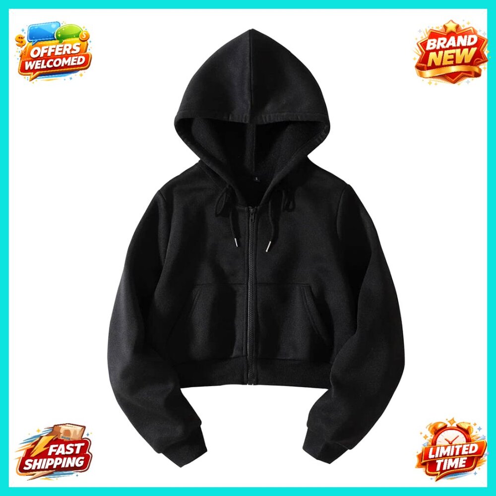 Fleece Full Zip Cropped Hoodie with Pockets, Drawstring Hood, Long Sleeve